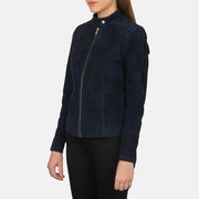 
Navy Blue Goatskin Suede Biker Jacket - Vista posteriore con spalle definite e orlo pulito