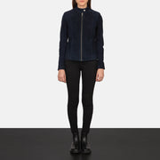 
Kelsee Navy Blue Suede Biker Jacket - Vista laterale che mostra il taglio ergonomico delle maniche