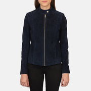 
Dettaglio ravvicinato del cinturino con bottone a scatto & zip su Kelsee Navy Blue Suede Biker Jacket