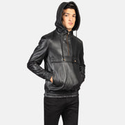 Dettaglio ravvicinato of Classic Collar &amp; Heavy-Duty Zipper Hardware on Men's Kenton Hooded Blue Suede Pullover Jacket