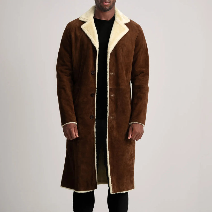 Kolby Marrone Suede Shearling Cappotto in Pelle da Uomo