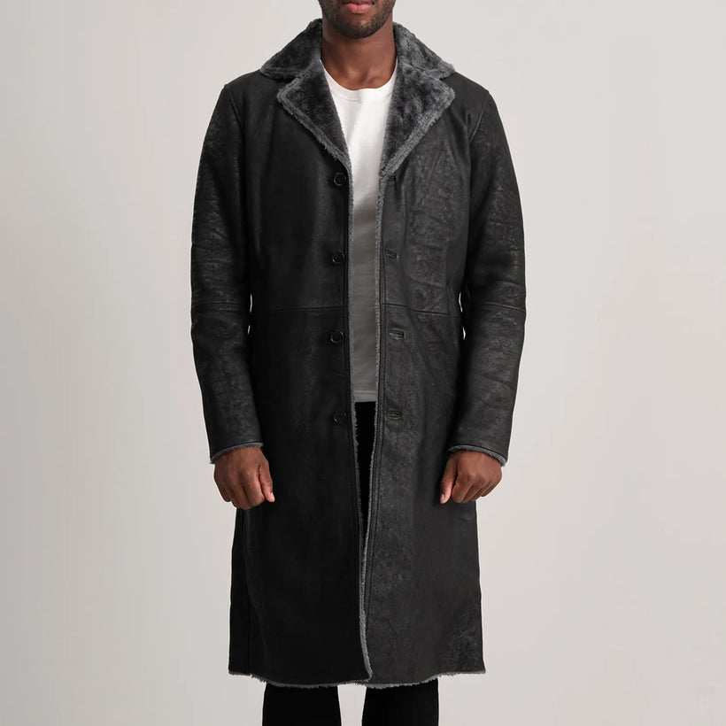 Kolby Nero Invecchiato Leather Shearling Cappotto in Pelle da Uomo