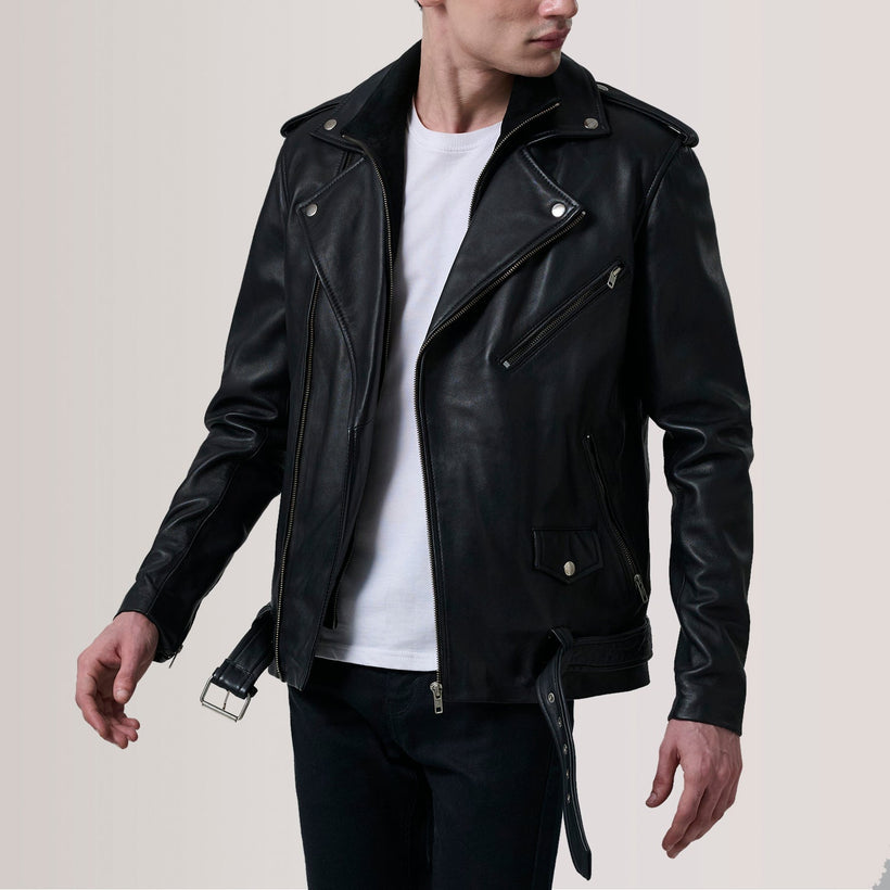 Kole Nero Leather Double Rider Giacca in Pelle da Uomo