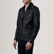 Kole Nero Leather Double Rider Giacca in Pelle da Uomo For Men - Lateral Side Profile View Showing Sleeve Cut &amp; Athletic Taper Fit