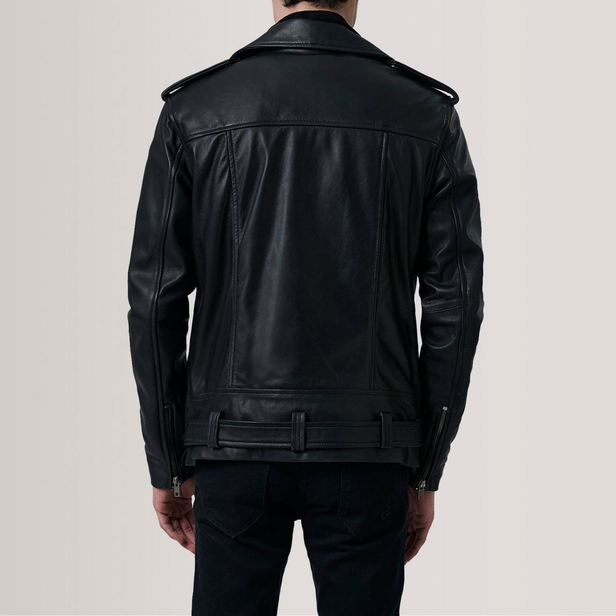 Dettaglio ravvicinato of Notch &amp; Zipper &amp; Waist Straps Hardware on Kole Nero Leather Double Rider Giacca in Pelle da Uomo For Men