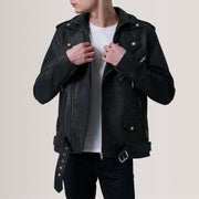 
Kole Nero Invecchiato Leather Double Rider Giacca in Pelle da Uomo in Distressed Black Sheepskin Snuffed - Vista frontale e silhouette sartoriale | Acquista online