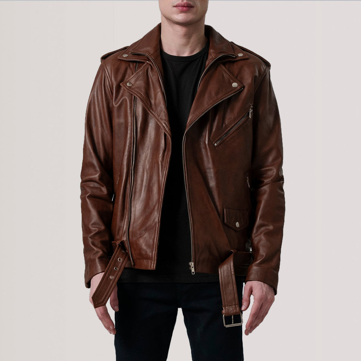 
Kole Waxed Marrone Leather Double Rider Giacca in Pelle da Uomo in Distressed Brown Sheepskin Burnished - Vista frontale e silhouette sartoriale | Acquista online