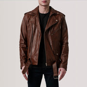 
Kole Waxed Marrone Leather Double Rider Giacca in Pelle da Uomo in Distressed Brown Sheepskin Burnished - Vista frontale e silhouette sartoriale | Acquista online