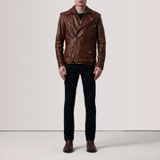 
Distressed Brown Sheepskin Burnished Biker Jacket - Vista posteriore con spalle definite e orlo pulito