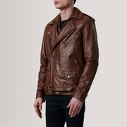 
Kole Waxed Marrone Leather Double Rider Giacca in Pelle da Uomo - Vista laterale che mostra il taglio ergonomico delle maniche