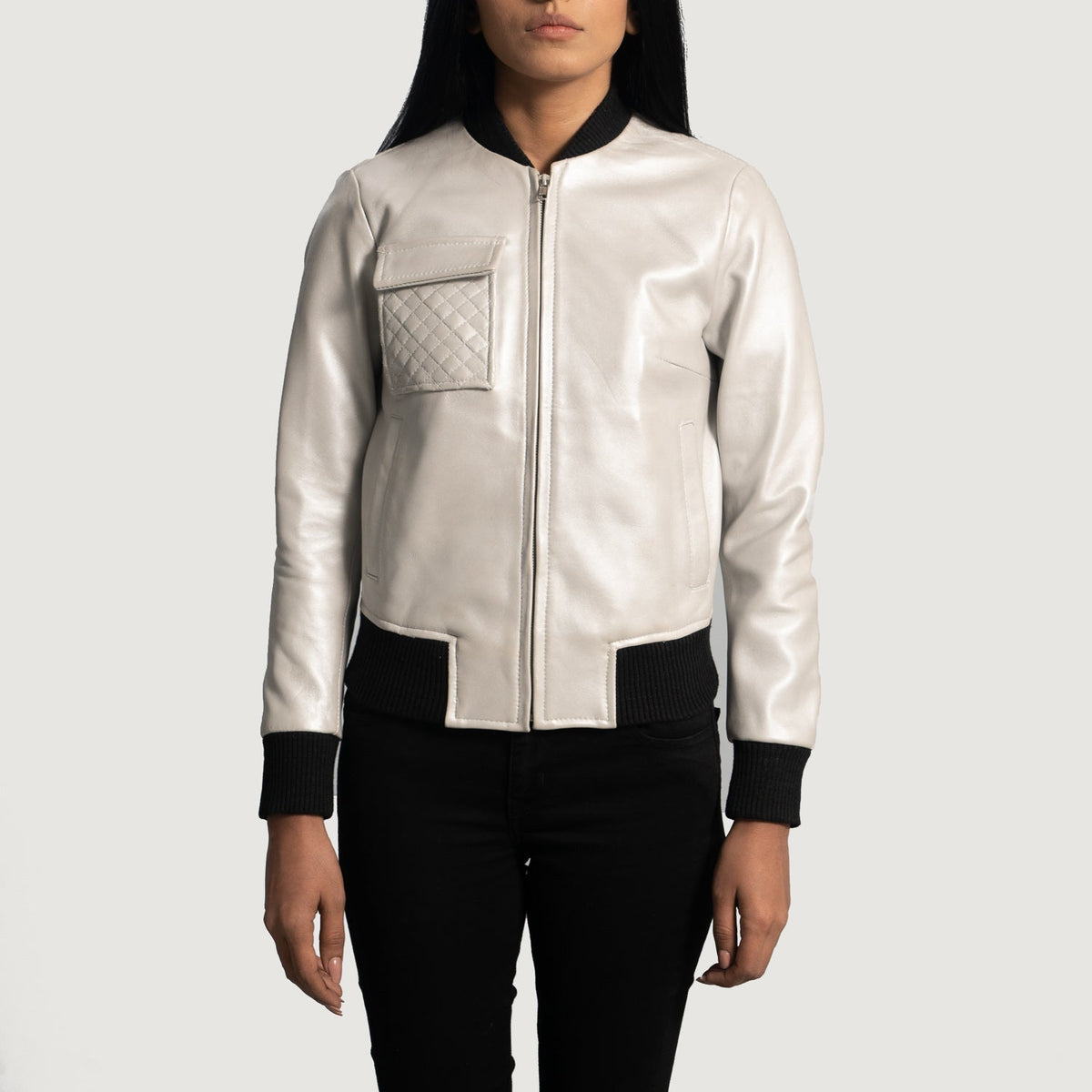 Silver Sheepskin Leather Bomber Jacket - Vista posteriore Showing Tailored Shoulder Fit &amp; Clean Hemline