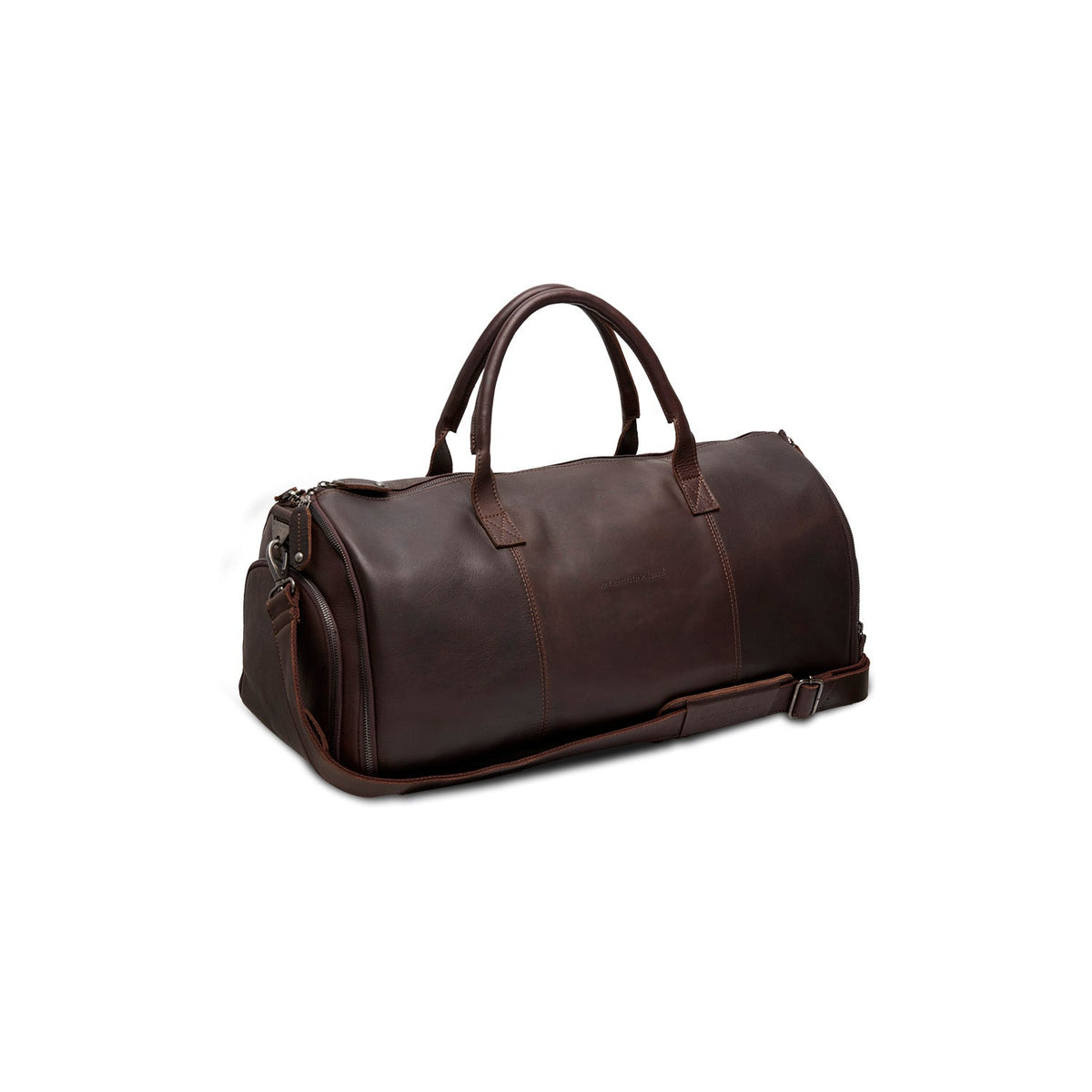 
Prospettiva indossata di Leather Garment Bag Finlay su modello - Drappeggio naturale alla luce del giorno