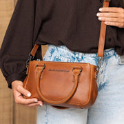 Styled Fit Perspective of Fenja Full-Grain Leather Handbag da Donna on Model - Natural Daylight Drape