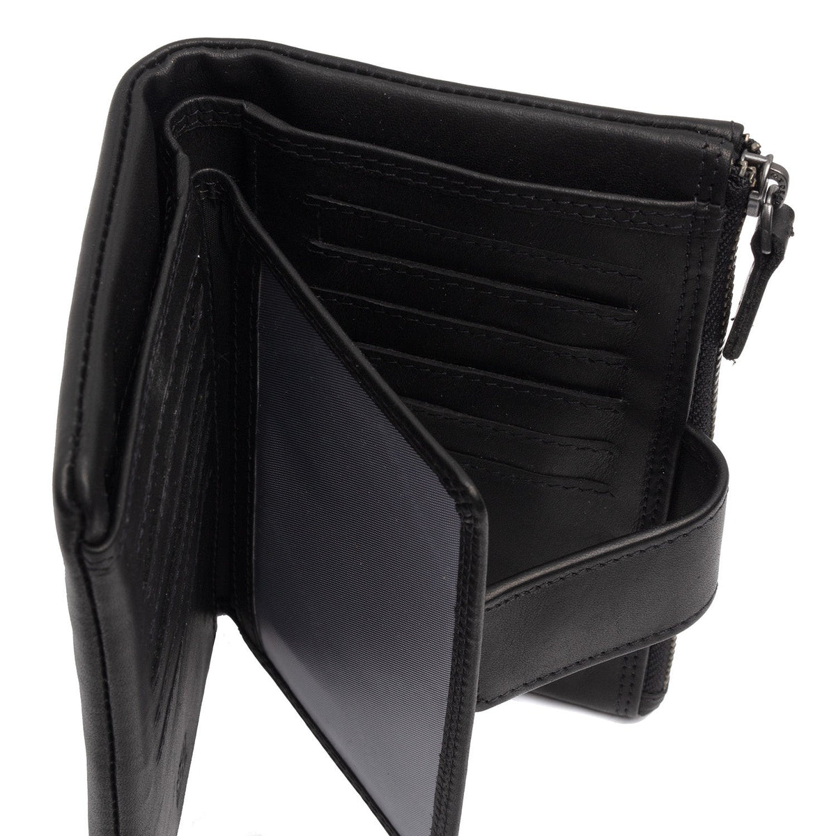 Solid Antique Brass Hardware &amp; Heavy-Duty Dual Zipper Detail on Landau Full-Grain Portafoglio in Pelle da Donna
