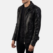 Black Cowhide Leather Biker Jacket - Vista posteriore Showing Tailored Shoulder Fit &amp; Clean Hemline