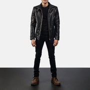 Men's Legacy Nero Giacca Biker in Pelle da Uomo - Lateral Side Profile View Showing Sleeve Cut &amp; Athletic Taper Fit