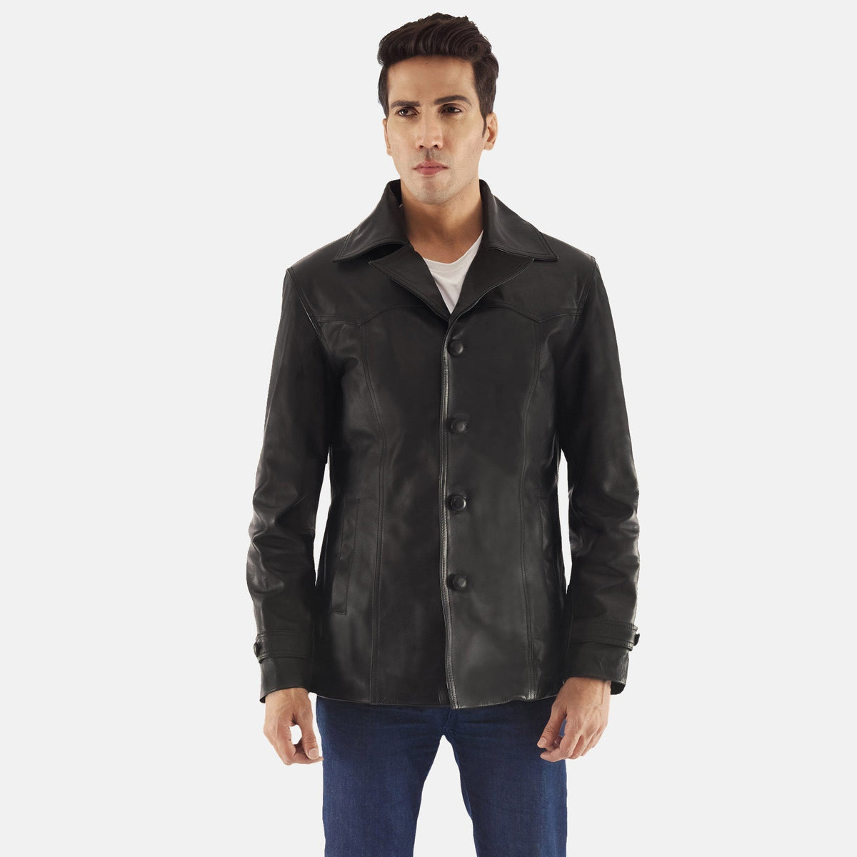 Leo Nero Cappotto in Pelle da Uomo in Black Cowhide Leather - Vista frontale e linea su misura | Acquista online