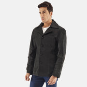 Black Cowhide leather Blazer - Vista posteriore Showing Tailored Shoulder Fit &amp; Clean Hemline