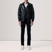 
Brown Goatskin Suede Bomber Jacket - Vista posteriore con spalle definite e orlo pulito