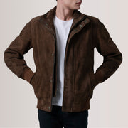 
Tailored Rib Cuffs & Hem Craftsmanship Construction Detail on Lester Marrone Suede Bomber in Pelle da Uomo For Men