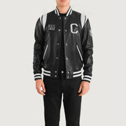 
Liberte California Nero Leather Varsity Giacca in Pelle da Uomo in Black & White Sheepskin Leather - Vista frontale e silhouette sartoriale | Acquista online