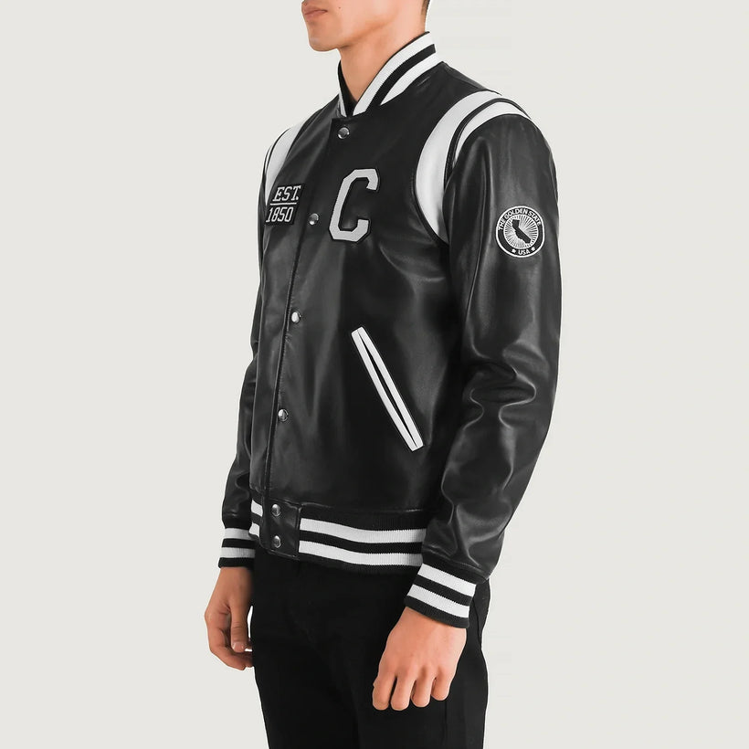 Liberte California Nero Leather Varsity Giacca in Pelle da Uomo