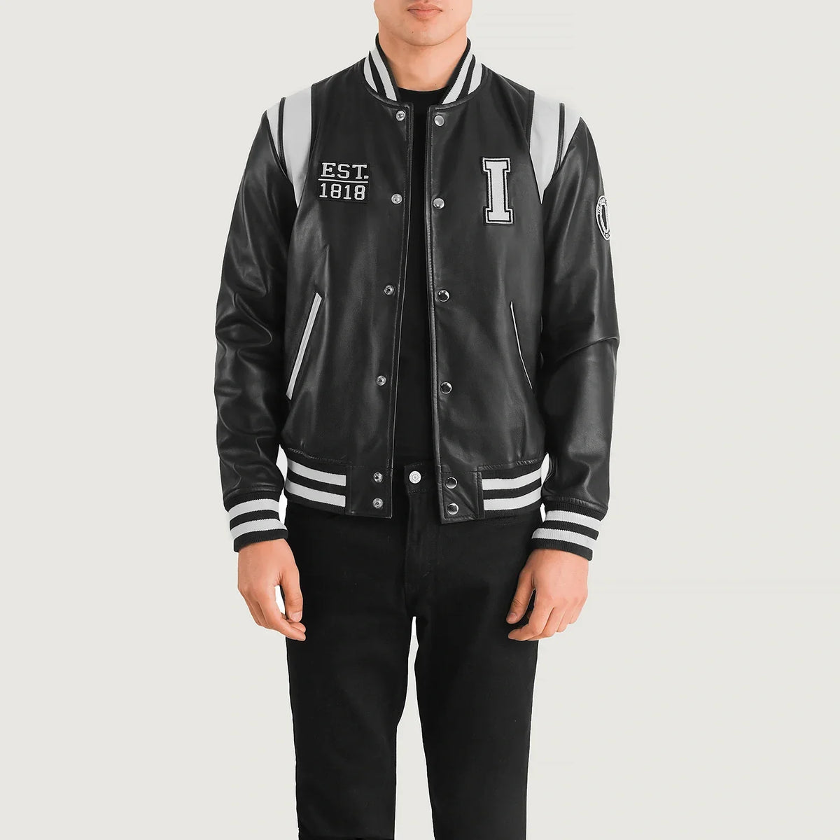 Liberte Illinois Nero Leather Varsity Giacca in Pelle da Uomo in Black &amp; White Sheepskin Leather - Vista frontale e linea su misura | Acquista online