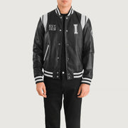 Liberte Illinois Nero Leather Varsity Giacca in Pelle da Uomo in Black &amp; White Sheepskin Leather - Vista frontale e linea su misura | Acquista online