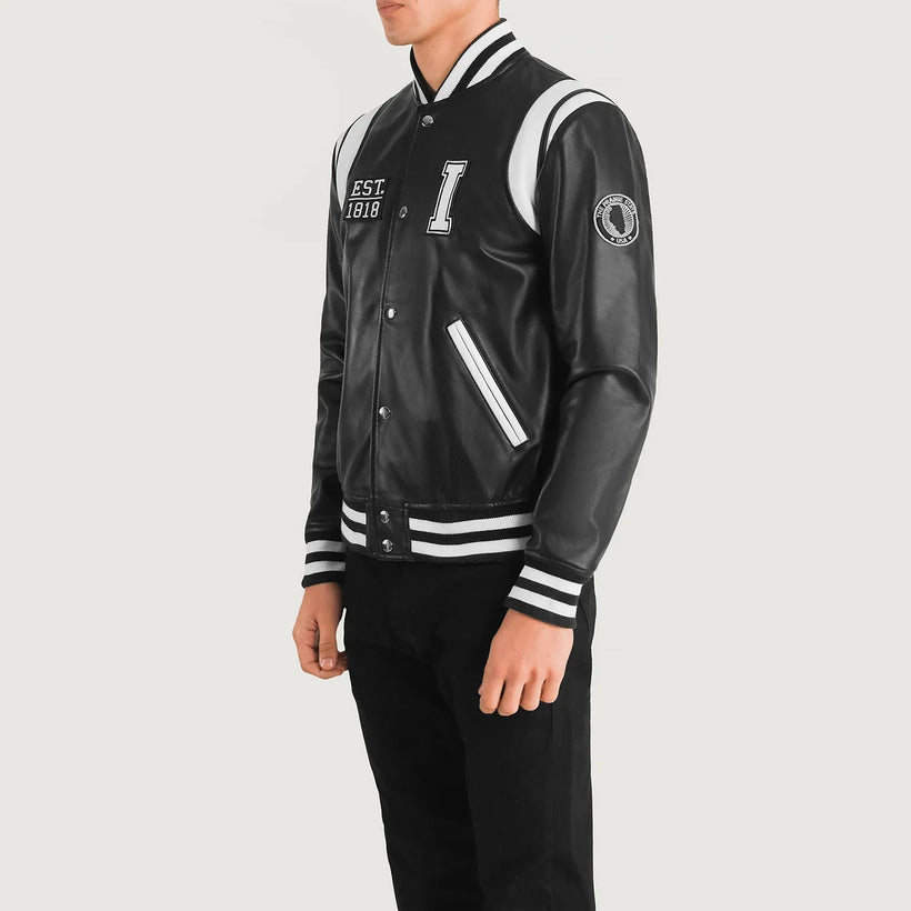 Liberte Illinois Nero Leather Varsity Giacca in Pelle da Uomo