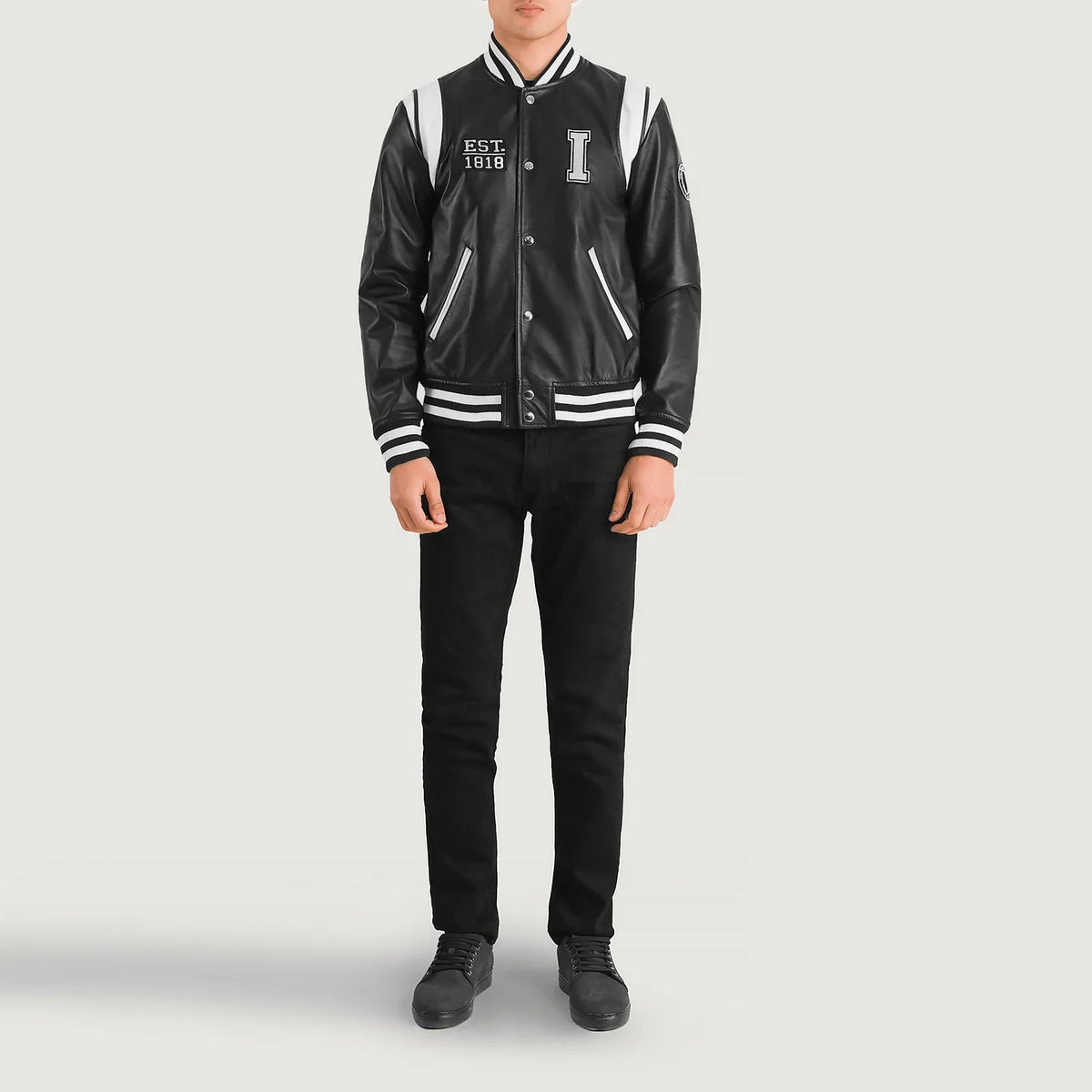 Liberte Illinois Nero Leather Varsity Giacca in Pelle da Uomo - Lateral Side Profile View Showing Sleeve Cut &amp; Athletic Taper Fit