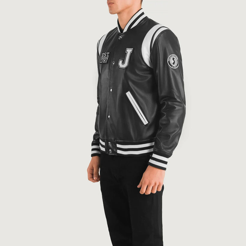 Liberte New Jersey Nero Leather Varsity Giacca in Pelle da Uomo