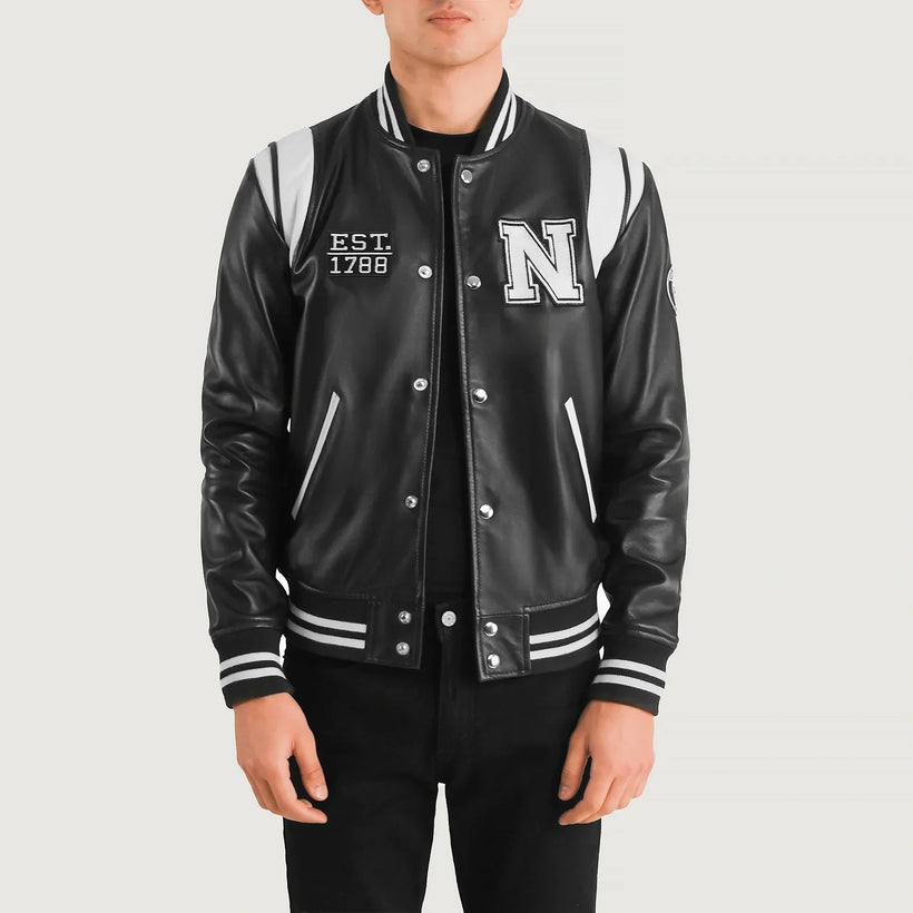 Liberte New York Nero Leather Varsity Giacca in Pelle da Uomo