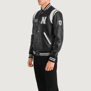 
Black & White Sheepskin Leather Varsity Jacket - Vista posteriore con spalle definite e orlo pulito