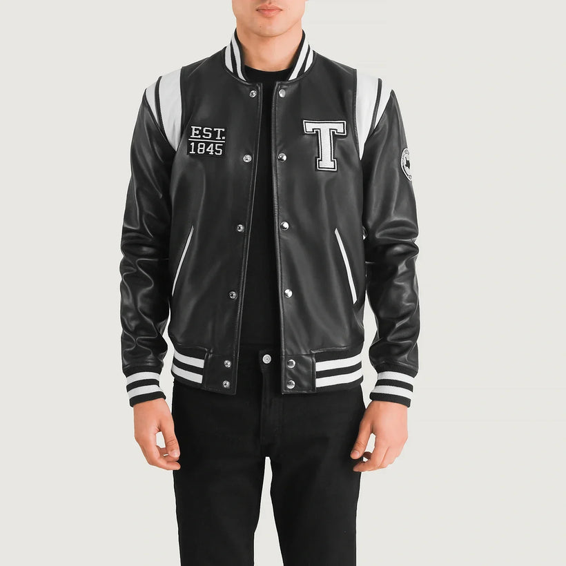 Liberte Texas Nero Leather Varsity Giacca in Pelle da Uomo