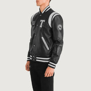 
Black & White Sheepskin Leather Varsity Jacket - Vista posteriore con spalle definite e orlo pulito