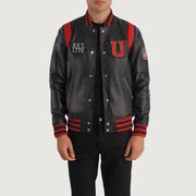 Liberte USA Black Leather Varsity Jacket in Black Sheepskin Leather - Vista frontale e linea su misura | Acquista online