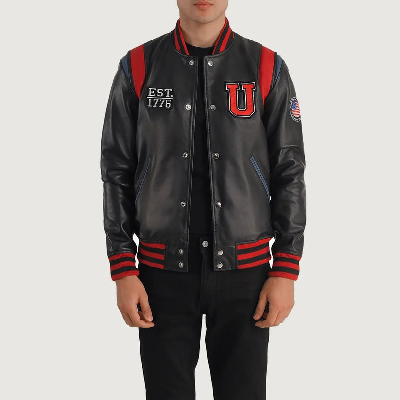 Liberte Usa Nero Leather Varsity Giacca in Pelle da Uomo