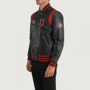 Black Sheepskin Leather Varsity Jacket - Vista posteriore con spalle sartoriali e orlo pulito