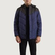 
Luka Nero & Blu Hooded Puffer Giacca in Pelle da Uomo in Black & Blue Full-Grain Leather - Vista frontale e silhouette sartoriale | Acquista online