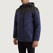 
Black & Blue Full-Grain Leather Hooded Jacket - Vista posteriore con spalle definite e orlo pulito