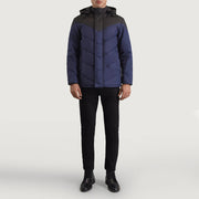 
Luka Nero & Blu Hooded Puffer Giacca in Pelle da Uomo - Vista laterale che mostra il taglio ergonomico delle maniche