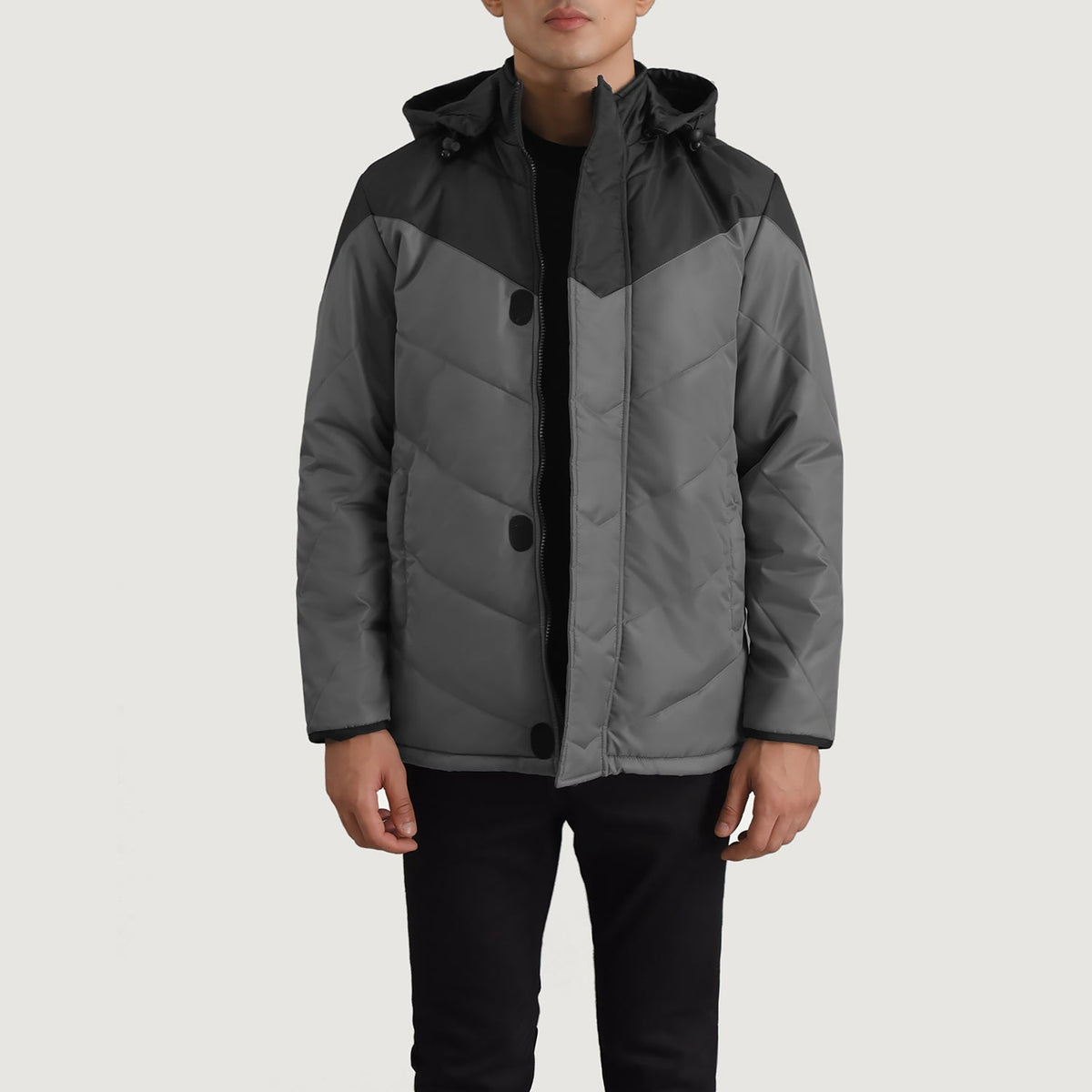 
Luka Nero & Grigio Hooded Puffer Giacca in Pelle da Uomo - Vista laterale che mostra il taglio ergonomico delle maniche