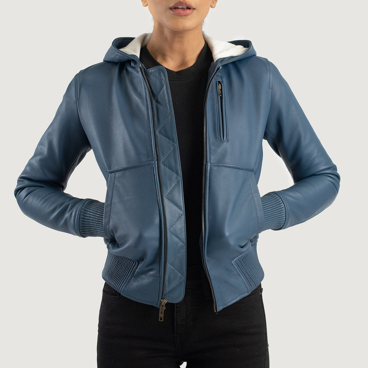Women's Luna Blue Hooded Leather Bomber Jacket in Blue Sheepskin Leather - Vista frontale e linea su misura | Acquista online