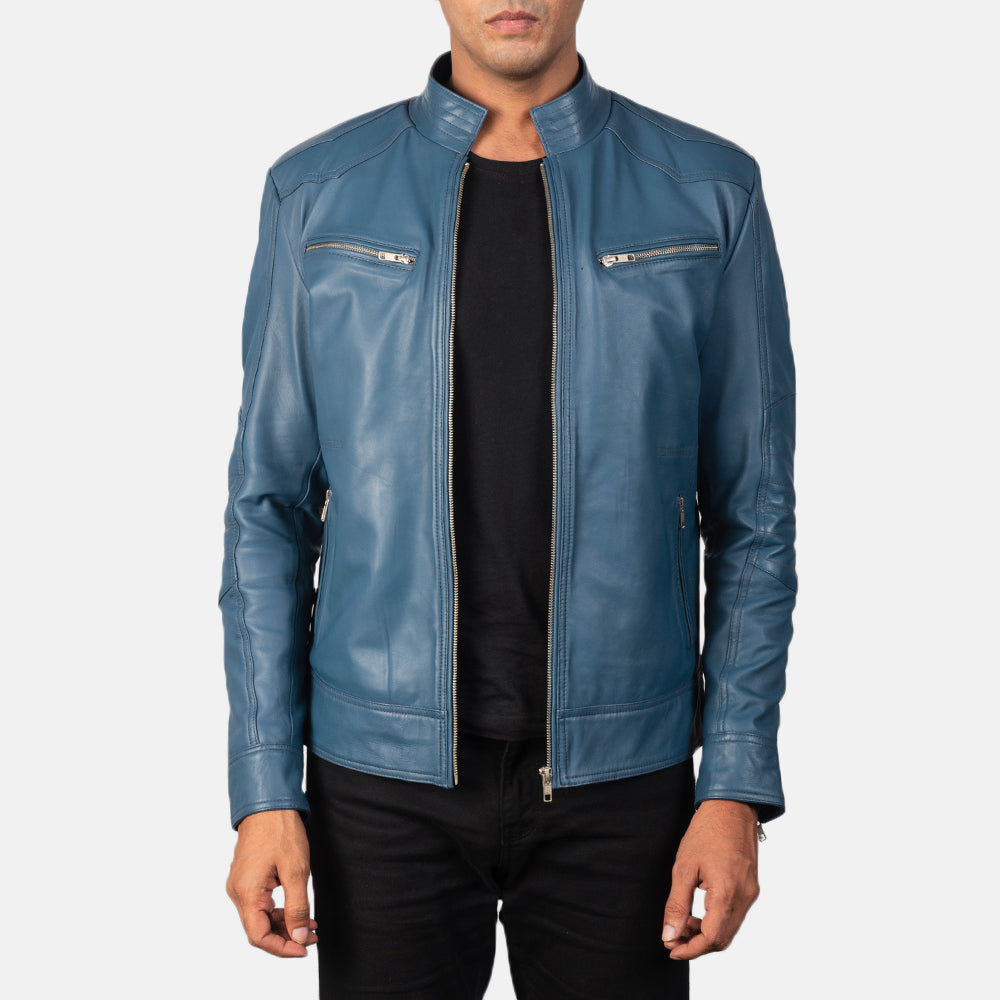 Mack Blu Giacca Biker in Pelle da Uomo in Blue Sheepskin Leather - Vista frontale e linea su misura | Acquista online