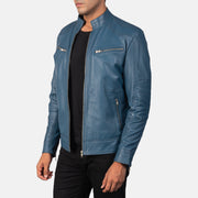 Blue Sheepskin Leather Biker Jacket - Vista posteriore Showing Tailored Shoulder Fit &amp; Clean Hemline