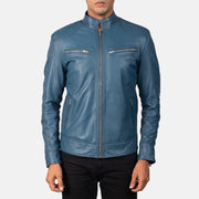 Dettaglio ravvicinato of Band &amp; Zipper Hardware on Mack Blu Giacca Biker in Pelle da Uomo