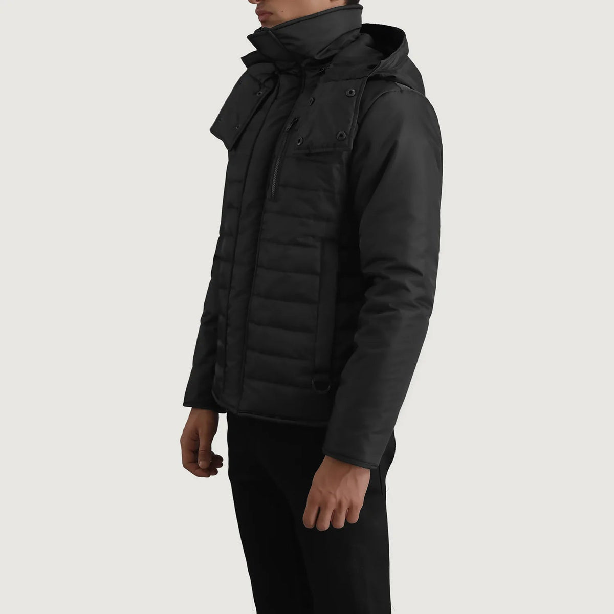 
Black Full-Grain Leather Hooded Jacket - Vista posteriore con spalle definite e orlo pulito