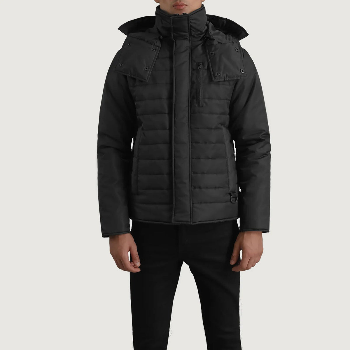 
Dettaglio ravvicinato of Classic Collar & Zipper With Placket Hardware on Malcolm Nero Hooded Puffer Giacca in Pelle da Uomo