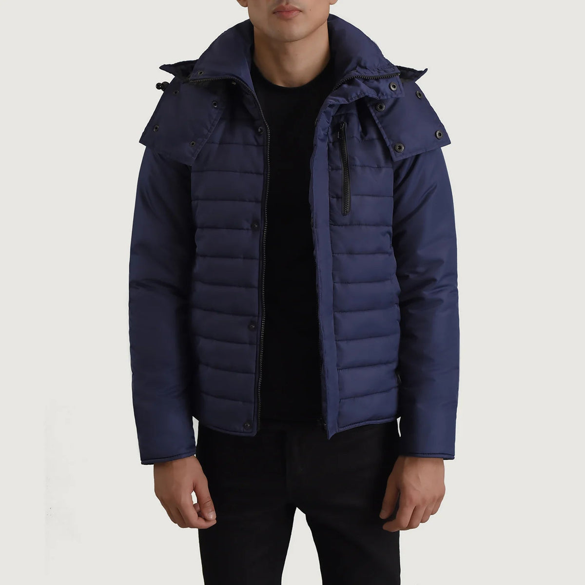 
Malcolm Blu Hooded Puffer Giacca in Pelle da Uomo in Blue Full-Grain Leather - Vista frontale e silhouette sartoriale | Acquista online