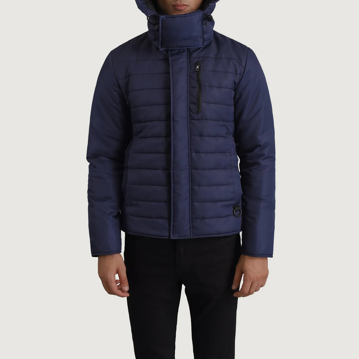 
Dettaglio ravvicinato of Classic Collar & Zipper With Placket Hardware on Malcolm Blu Hooded Puffer Giacca in Pelle da Uomo